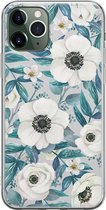 iPhone 11 Pro hoesje siliconen - Witte bloemen - Soft Case Telefoonhoesje - Bloemen - Transparant, Blauw