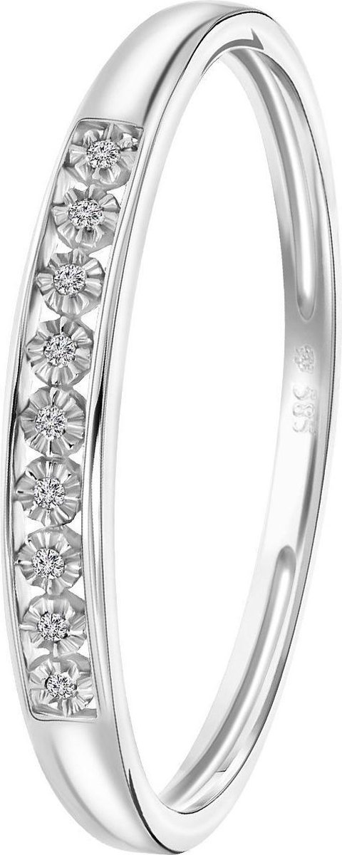 Lucardi Dames Ring met 9 diamanten 0,02ct - Ring - Cadeau - 14 Karaat Goud - Witgoud