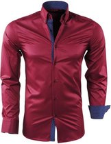 Montazinni - Heren Overhemd - Gestippelde Kraag - Gestreept - Kreuk en Strijkvrij - Slim Fit - Bordeaux Rood