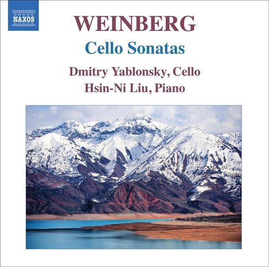 Weinberg Cello Sonatas albumhoes met een foto van een bergachtig landschap met sneeuw, een meer en kleurrijke rotsen.