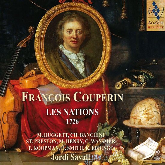 Albumhoes met portret in lijst, viool, cello, globe, fruit en tekst 'François Couperin Les Nations 1726 Jordi Savall'.