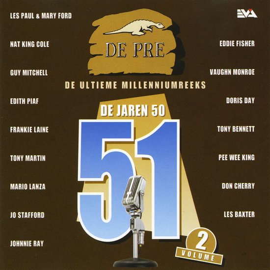 Albumhoes voor 'De Pre: De Ultieme Millenniumreeks, De Jaren 50, Vol. 2 (1951)'. Grote blauwe 51 met microfoon.