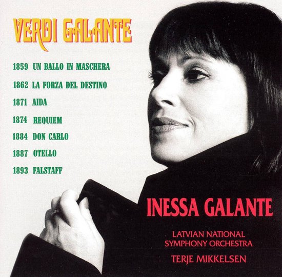 Inessa Galante op de hoes van "Verdi Galante". Zwart-witfoto van een vrouw met donker haar.