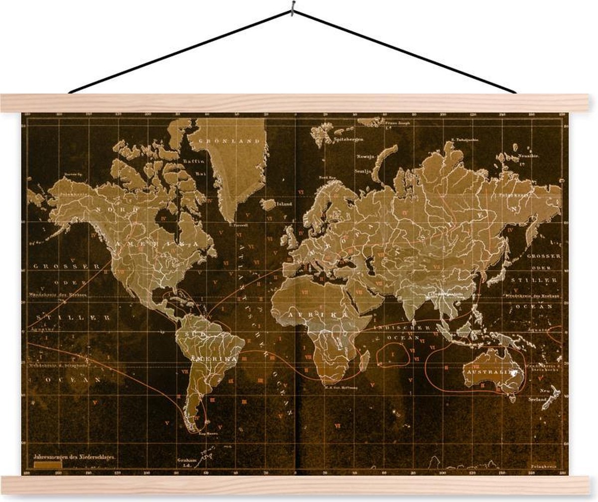 Posterhanger incl. Poster 150x100 cm - Schoolplaat - Klassieke wereldkaart in het bruin - Textielposter - Blanke latten