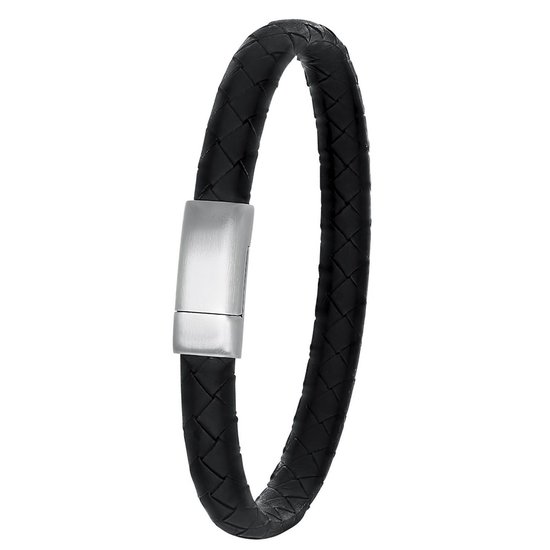 Lucardi Heren Armband gevlochten leer zwart - Leer - Armband - Cadeau - Vaderdag - 21 cm - Zwart
