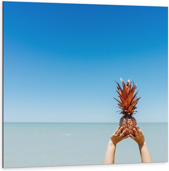 Dibond - Gouden Ananas in de Lucht  - 100x100cm Foto op Aluminium (Met Ophangsysteem)