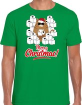 Fout Kerstshirt / Kerst t-shirt met hamsterende kat Merry Christmas groen voor heren- Kerstkleding / Christmas outfit M