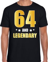 64 and legendary verjaardag cadeau t-shirt / shirt - zwart - gouden en witte letters - voor heren - 64 jaar verjaardag kado shirt / outfit S