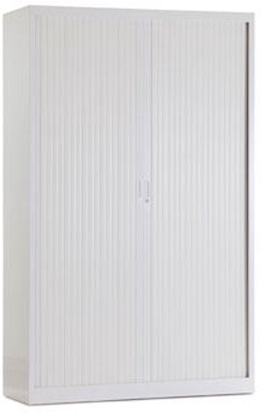 Hoge witte archiefkast met dubbele roldeur en slot.