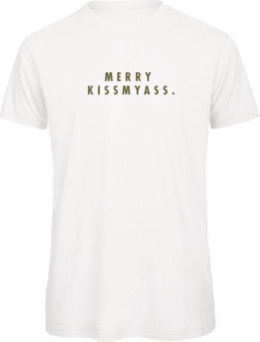 Foute kersttrui t-shirt wit L - Merry Kissmyass - olijfgroen - soBAD. | Kerst t-shirt soBAD. | kerst shirts volwassenen | kerst t-shirts volwassenen | Kerst outfit | Foute kerst t-shirts