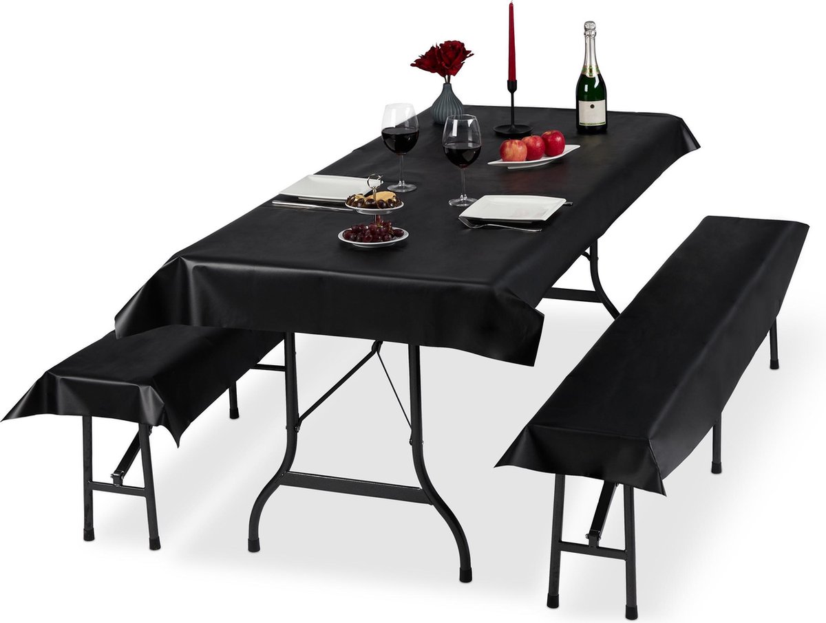 Relaxdays 3 x tafelkleed biertafel en banken - hoezen set biertent - 250 x 100 cm – zwart