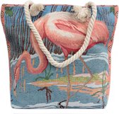 Klassieke Strandtas - Roze Flamingo - Touwriem Handvatten - Schoudertas - 12x45x30cm