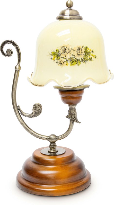 relaxdays Lampe rétro bois / métal / verre + motif floral, Lampe de bureau  vintage,... | bol.com