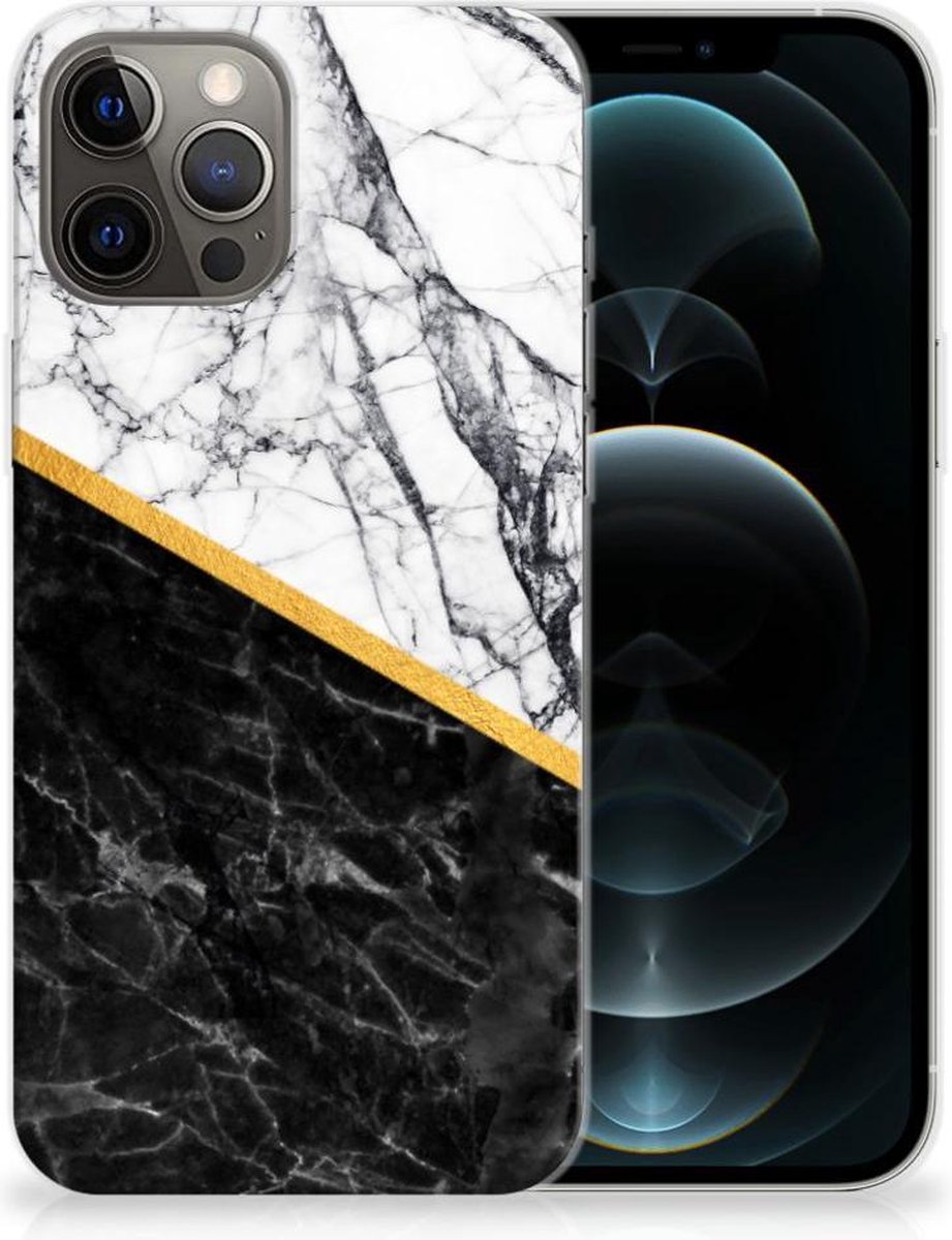 iPhone 12 Pro Max TPU Siliconen Hoesje Marmer Wit Zwart - Origineel Cadeau Man
