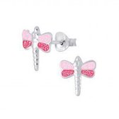 Oorbellen meisje | Kinderoorbellen meisje zilver | Zilveren oorstekers, libelle met roze vleugels | WeLoveSilver