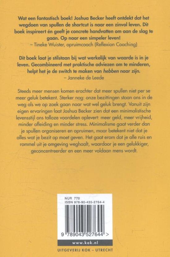 Boekomslag met gele achtergrond en zwarte tekst, titel 'Meer door minder, maak ruimte om te leven'.