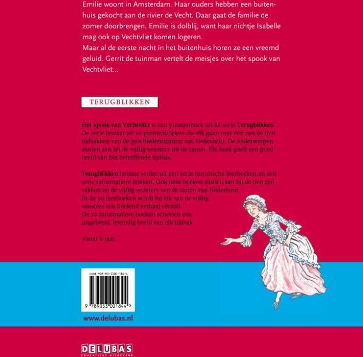 Boekpagina met tekst en een illustratie van een vrouw in historische kledij.