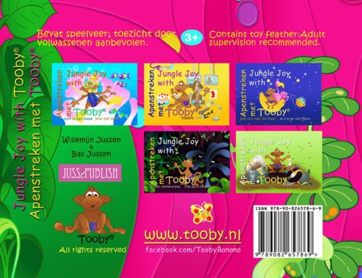 Achterkant van het boek 'Apenstreken met Tooby'. Bevat 6 kleine illustraties van apen en Tooby, de ISBN, website en social media.