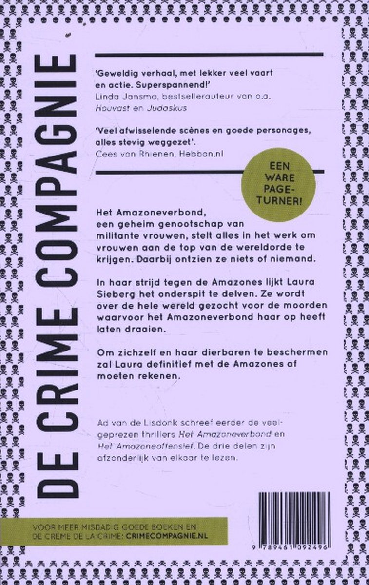 Achterkant boek 'De Crime Compagnie' met tekst en doodshoofdpatroon.