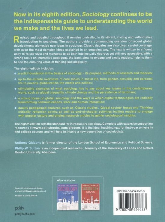 Achterkant van het 'Sociology 8th Edition' boek met tekst over de inhoud en auteurs, en afbeeldingen van twee andere boeken.