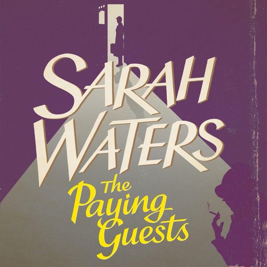 Boekomslag 'The Paying Guests' van Sarah Waters met silhouetten tegen een paarse achtergrond.