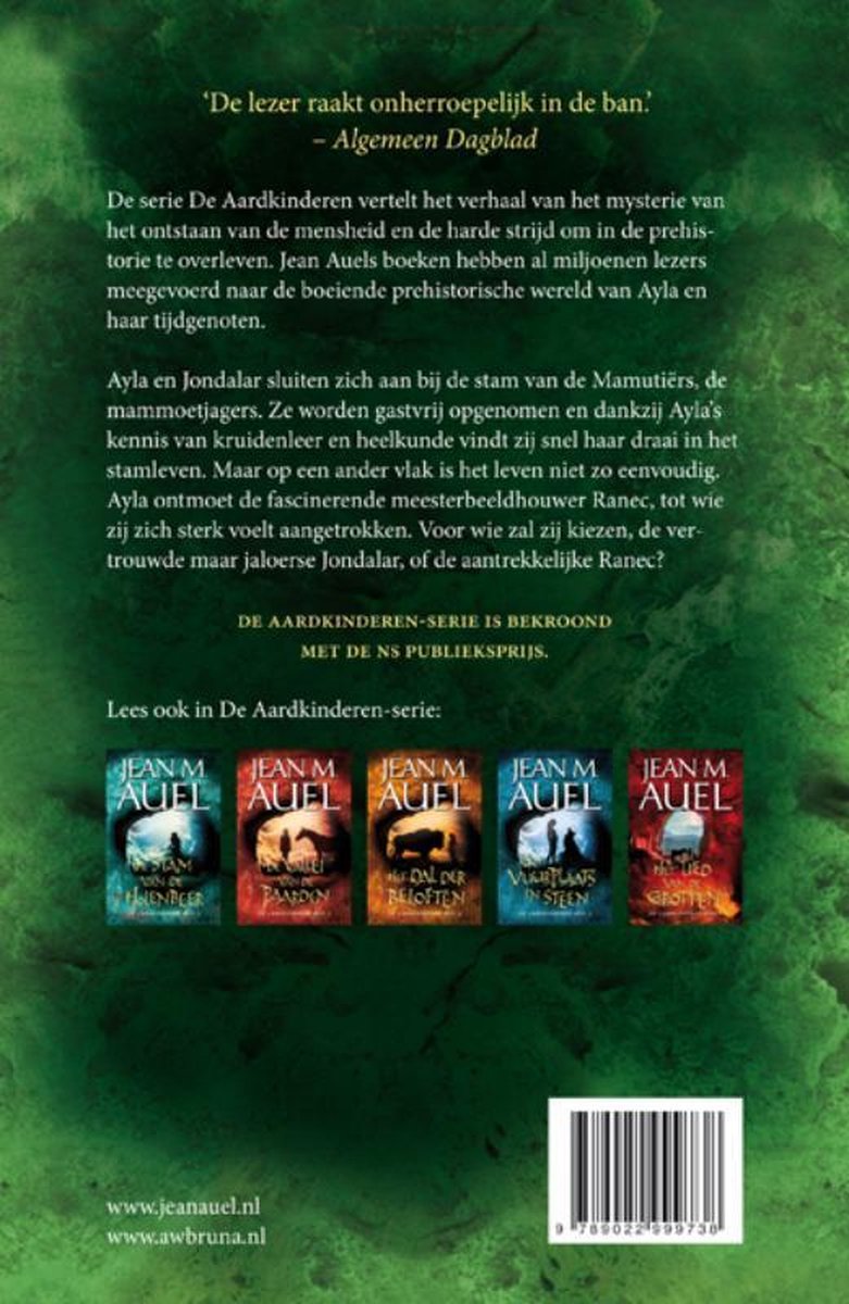 Achterkant boek met reeks titels: De Vreemdeling, De Mammmoetjagers, De Vrijheidsvlam, De Duizend Zonnen, De Dansende Sterren.