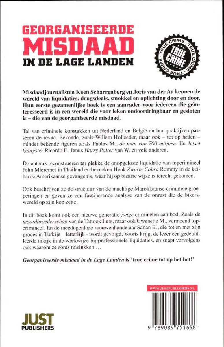 Achterflap boek 'Georganiseerde Misdaad in de Lage Landen' met tekst en website.