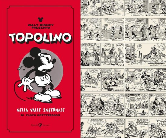 De voorkant van het 'Topolino nella valle infernale' boek met een grote rode cirkel met Mickey Mouse in zwart-wit. De titel 'TOPOLINO' staat groot in witte letters.