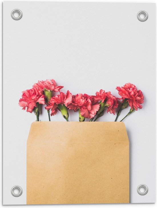 Tuinposter – Enveloppe met Roze Bloemen - 30x40cm Foto op Tuinposter  (wanddecoratie voor buiten en binnen)