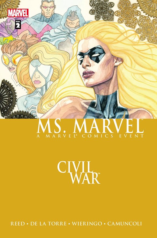 Ms. Marvel Civil War stripboekcover met een blonde heldin op de voorgrond en een gele achtergrond.
