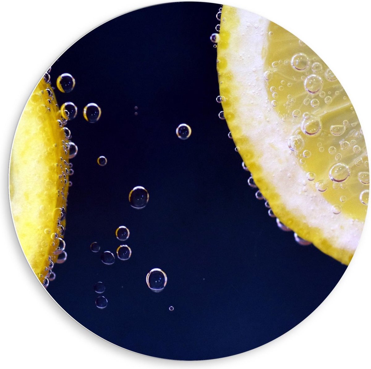 KuijsFotoprint Forex Wandcirkel - Schijfje Citroen in Water - 80x80cm Foto op Wandcirkel (met ophangsysteem) Blauw