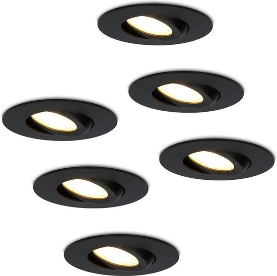 Set van 6 Napels LED inbouwspots extra plat - 8W 570lm - 2700K warm wit - Dimbaar - Rond - 360° Kantelbaar - IP65 waterdicht - Zwart