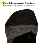 Gedetailleerde foto van de teenpunt van een Falke sok met de tekst 'Kein Scheuern oder Drücken'.