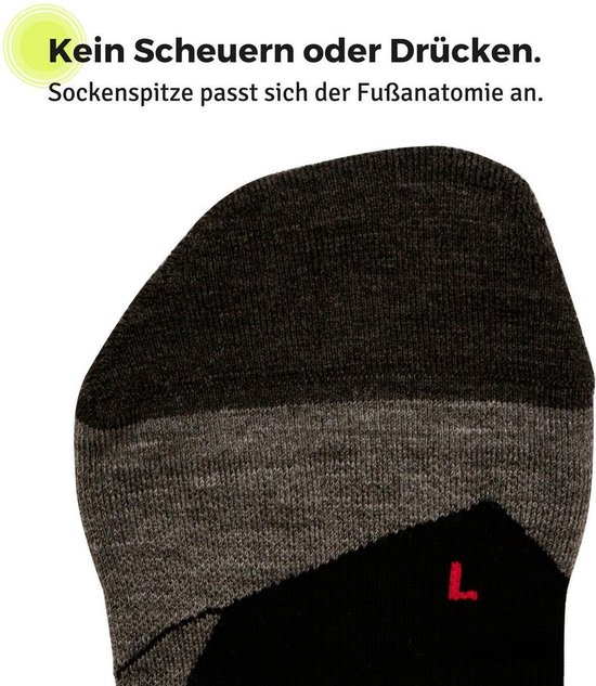 Gedetailleerde foto van de teenpunt van een Falke sok met de tekst 'Kein Scheuern oder Drücken'.