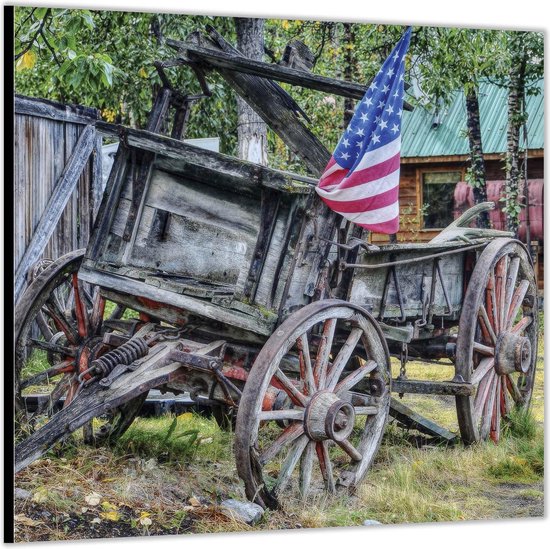 -Oude Houten Kar met Amerikaanse Vlag- Foto op Aluminium (Met ophang)