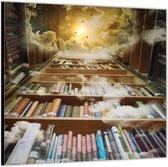 Dibond –Omringde Boekenkasten met uitzicht omhoog– 50x50 Foto op Aluminium (Met ophang)