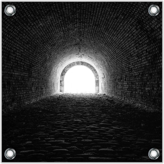 Tuinposter –Donkere Tunnel (zwart/wit)– 50x50 Foto op Tuinposter (wanddecoratie voor buiten en binnen)