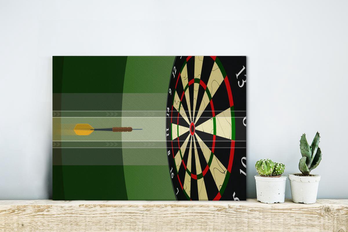 Canvas Schilderij Een tekening van een dartpijl richting het midden van het dartbord