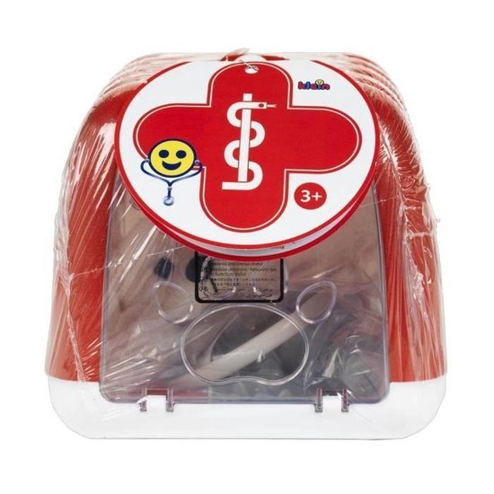 Klein Toys dierenartskoffer met knuffelhond - 24x18.5x16.5 cm - voerbak, stethoscoop, injectiespuit, thermometer, pincet, naamplaatje, blikje - rood wit - Klein