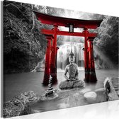 Schilderijen Op Canvas - Schilderij - Buddha Smile (1 Part) Wide Red 90x60 - Artgeist Schilderij