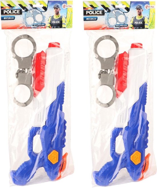 2x Waterpistolen/waterpistool politie blauw van 40 cm inclusief handboeien kinderspeelgoed - waterspeelgoed van kunststof