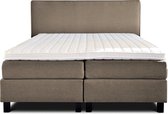 Boxspring Flynta compleet, merk Olympic Life, 140 x 210 cm, bruin, 18-delig, breed hoofdbord met luxe gestikte afwerking en bolling, extra hoge onderboxen