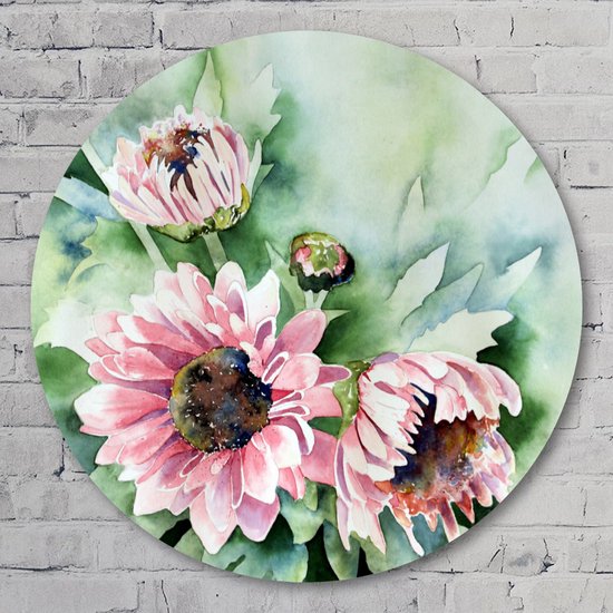 Pink daisies - Forex Muurcirkel - Bloemen en Planten - Wanddecoratie - Rond Schilderij - Wandcirkel
