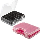 Forte Plastics - 2x opberg vakjesdoos/Sorteerboxen - 21-vaks kunststof - 28 x 21 x 6 cm - zwart en roze