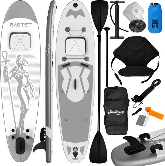 GoodVibes - Stand Up Paddle Board - 305cm - Opblaasbaar SUP Board met Kayak Zitting - Verstelbare Peddel - Handpomp met Manometer - Rugzak - Reparatieset - Camera Houder - Surfboard - Anubis - Zilver