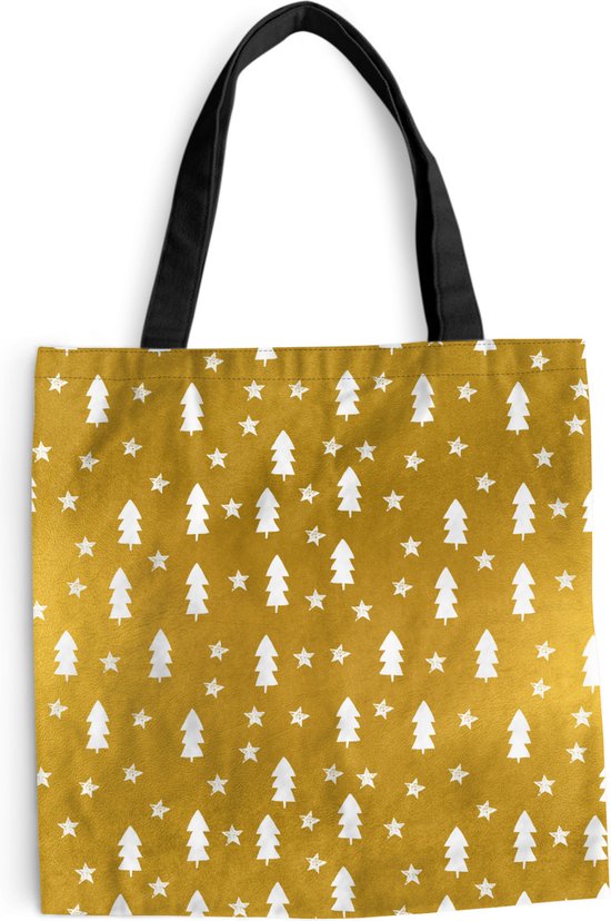 MuchoWow® Schoudertas - Strandtas - Big Shopper - Boodschappentas - Kerstboom - Goud - Wit - 45x45 cm - Katoenen tas