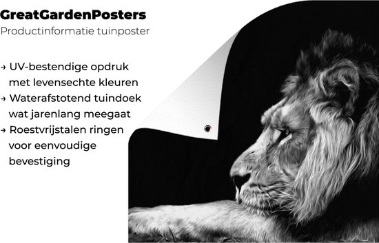Affiches de jardin Posters de jardin Représentation d'un lion en forme de dessin - noir et blanc - 90x60 cm - Toile de jardin