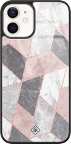 Casimoda® hoesje - Geschikt voor iPhone 12 - Stone grid marmer / Abstract marble - Luxe Hard Case Zwart - Backcover telefoonhoesje - Roze