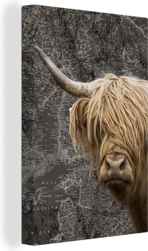 Décoration murale - Highlander écossais - Vaches - Carte du Wereldkaart - Peinture sur toile - 120x180 cm