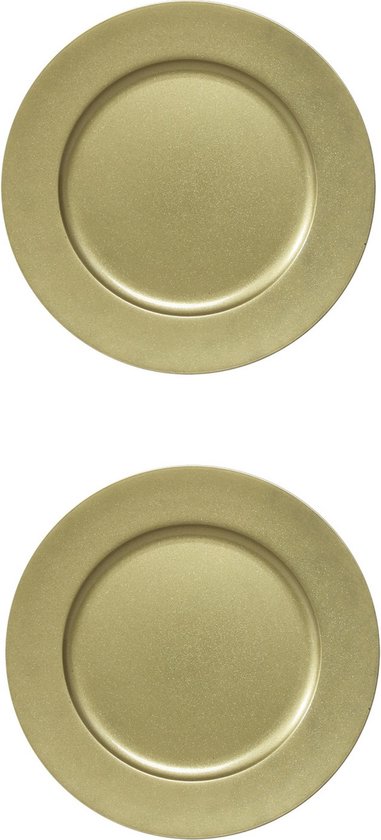 Twee ronde gouden onderborden met een subtiele glinsterende afwerking.
